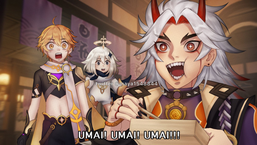 aether, paimon, arataki itto, and zach aguilar (genshin impact and 1 more) drawn by maya1548844