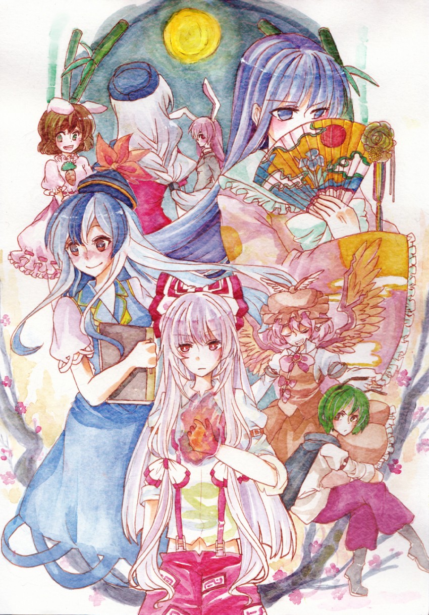 reisen udongein inaba, fujiwara no mokou, kamishirasawa keine, houraisan kaguya, mystia lorelei, and 3 more (touhou and 1 more) drawn by kawachi_rin