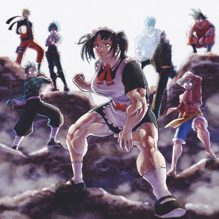 kujo jotaro, son goku, monkey d. luffy, midoriya izuku, uzumaki naruto, and 2 more (jojo no kimyou na bouken and 9 more) drawn by udonyahoi