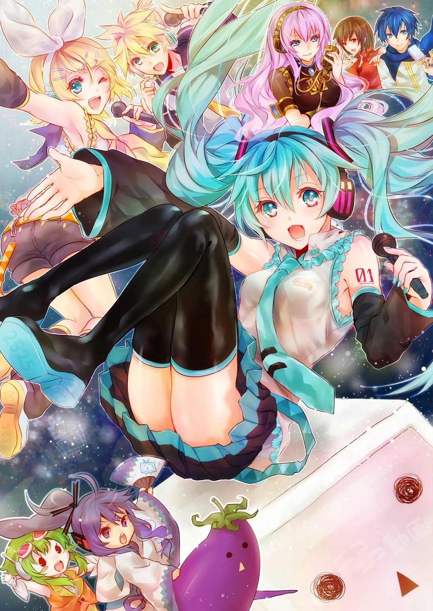 hatsune miku, kagamine rin, kagamine len, megurine luka, kaito, and 3 more (vocaloid and 1 more) drawn by madogawa