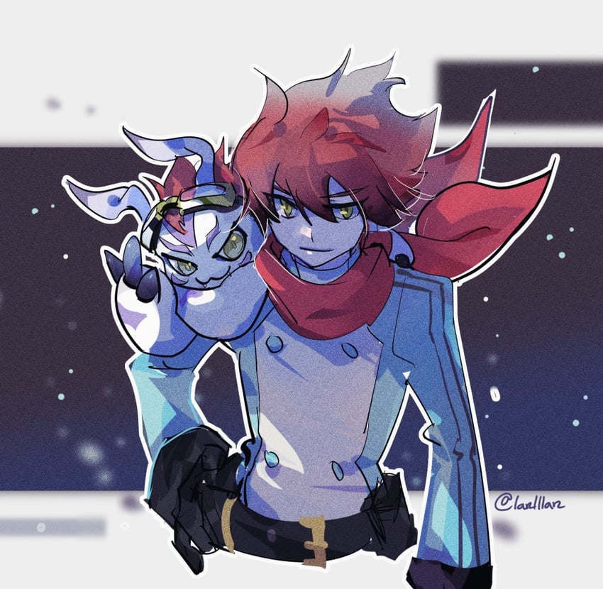 gomamon and yuuki dan (digimon and 1 more) drawn by lanlllan