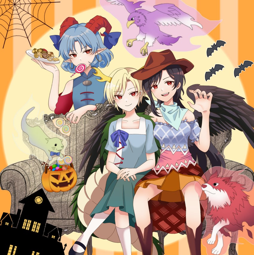 kicchou yachie, kurokoma saki, toutetsu yuuma, otter spirit, wolf spirit, and 1 more (touhou) drawn by oni_tama