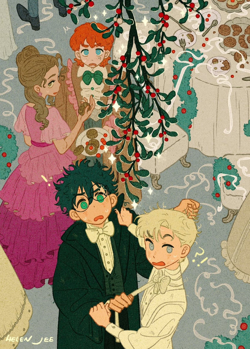 hermione granger, harry potter, ron weasley, and draco malfoy (wizarding world and 1 more) drawn by helen_jee