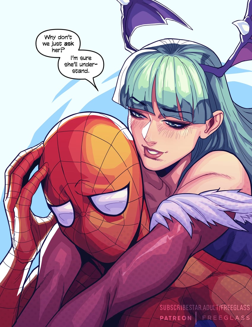 morrigan aensland and spider-man (marvel and 3 more) drawn by freeglass