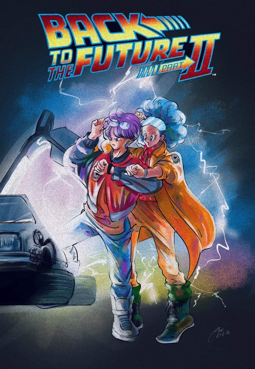 bulma, trunks, marty mcfly, and emmett brown (dragon ball and 3 more) drawn by lumlum_0_1