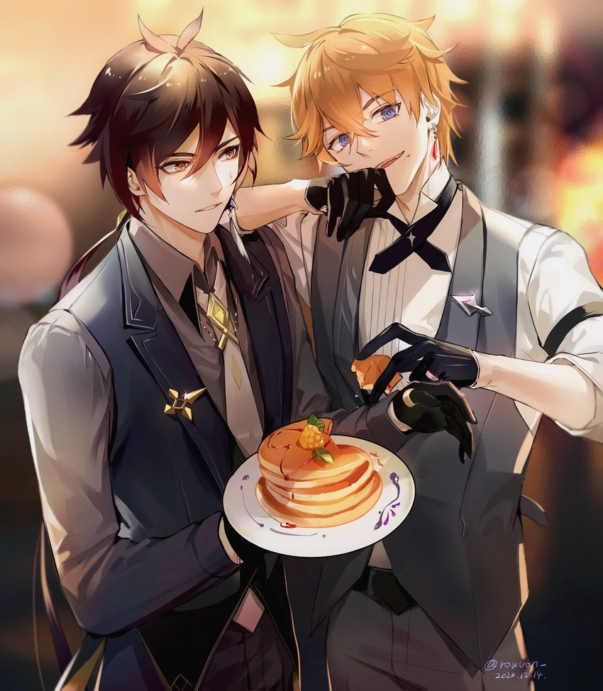 zhongli and tartaglia (genshin impact) drawn by rokuon