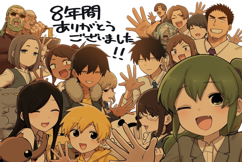 igarashi futaba, takeda harumi, sakurai touko, kurobe natsumi, kazama souta, and 7 more (senpai ga uzai kouhai no hanashi) drawn by shiromanta