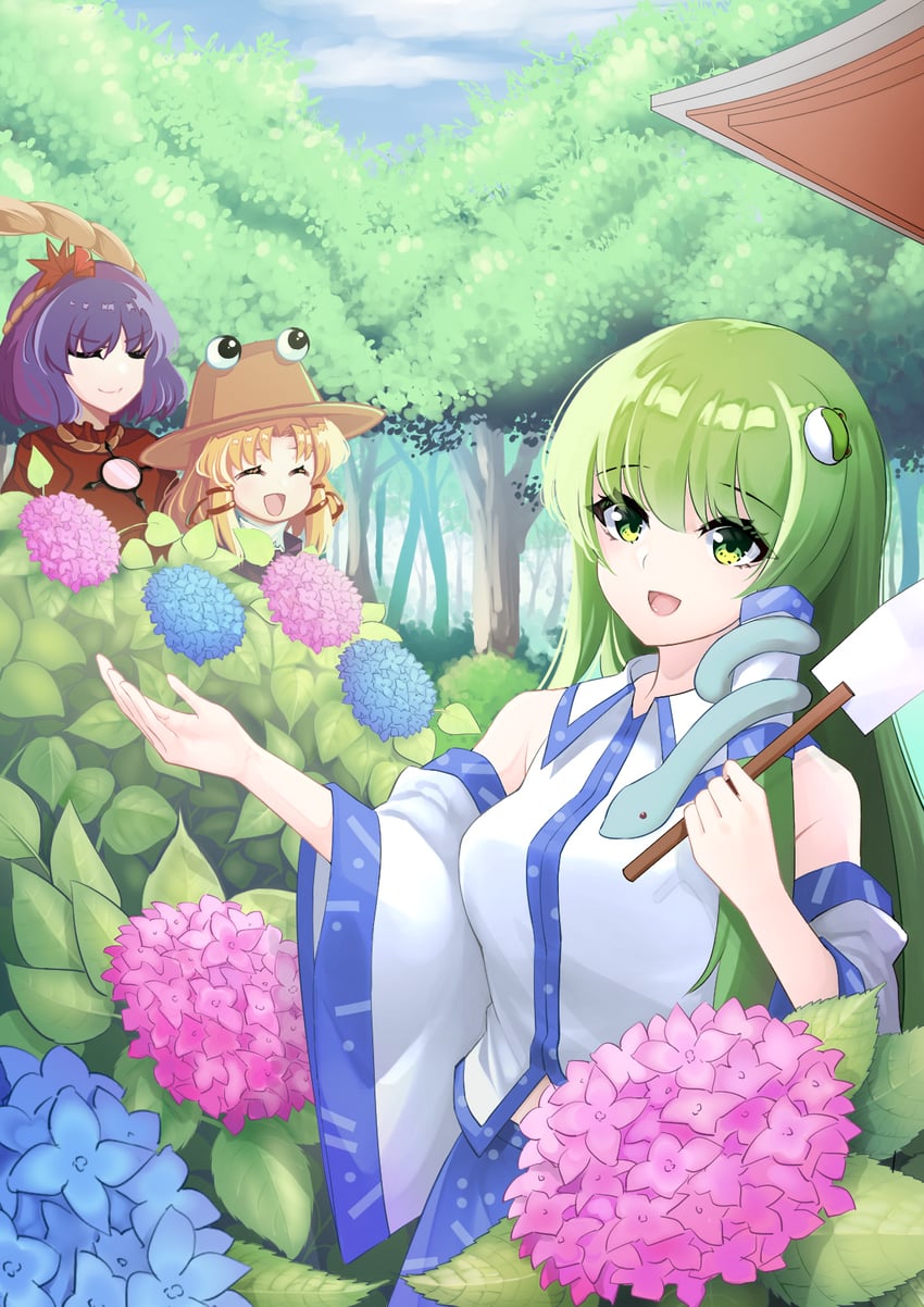 kochiya sanae, moriya suwako, yasaka kanako, and pyonta (touhou) drawn by tororokonbu_(agumo555)