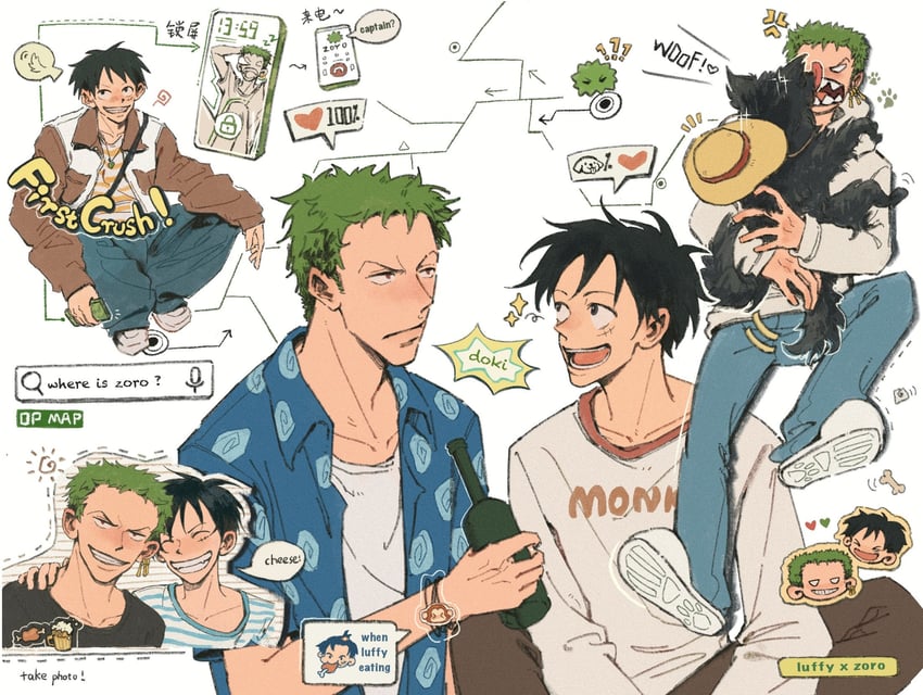 monkey d. luffy, roronoa zoro, and marimo zoro (one piece) drawn by demee_qoq