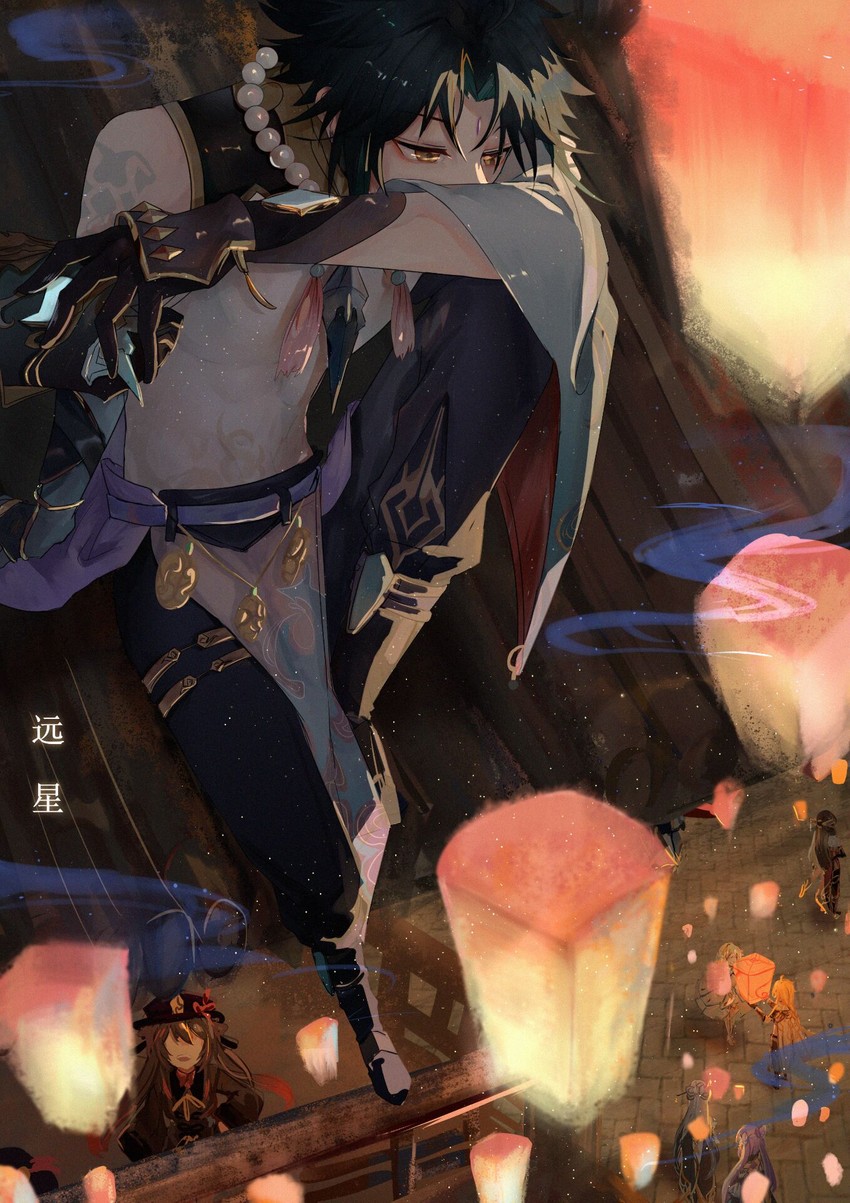 lumine, hu tao, aether, keqing, xiao, and 2 more (genshin impact) drawn by shore_(user_tnsj3237)