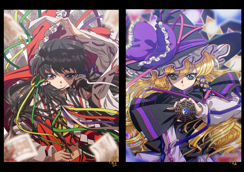 hakurei reimu and kirisame marisa (touhou) drawn by utyouten_akako