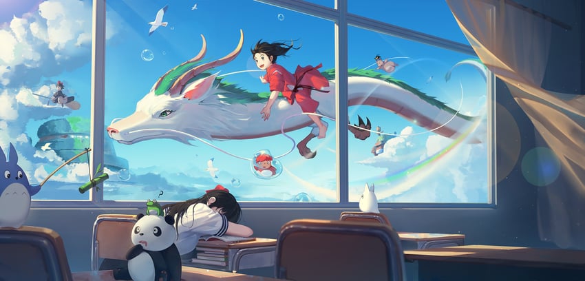 kiki, jiji, ogino chihiro, totoro, haku, and 2 more (studio ghibli and 5 more) drawn by yuuta_(806350354)