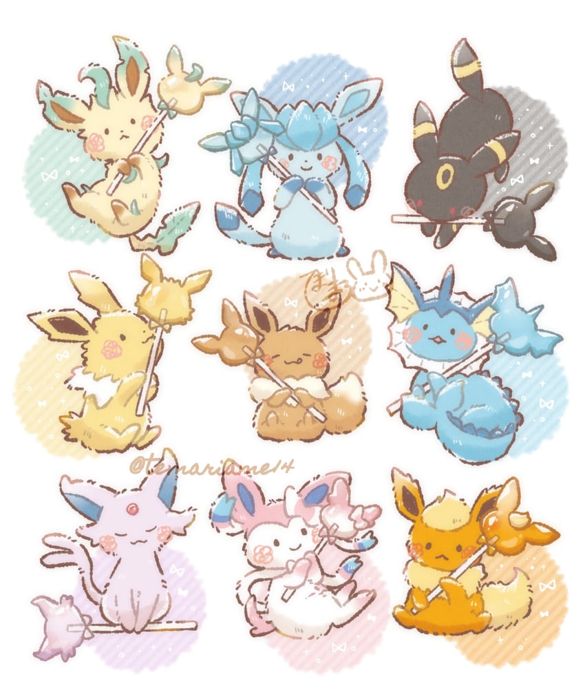 eevee, sylveon, umbreon, glaceon, vaporeon, and 4 more (pokemon) drawn by temariame14