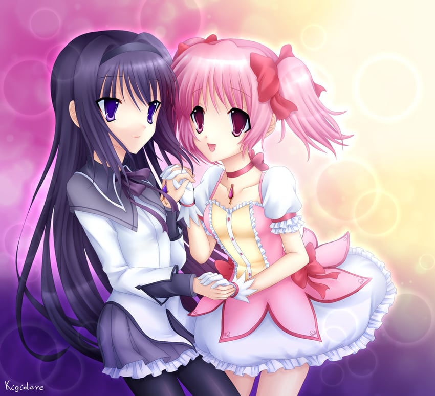 akemi homura and kaname madoka (mahou shoujo madoka magica) drawn by kigidere