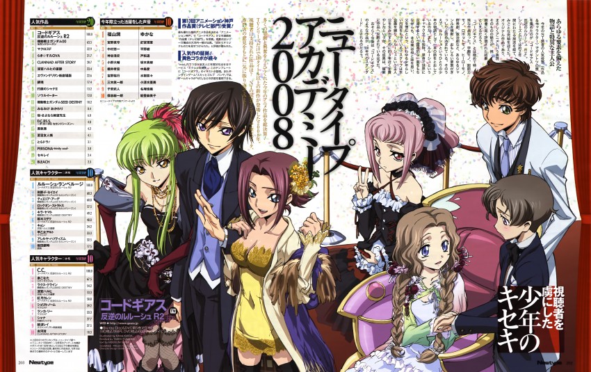 c.c., lelouch vi britannia, kouzuki kallen, kururugi suzaku, nunnally vi britannia, and 2 more (code geass and 1 more) drawn by ishida_kana