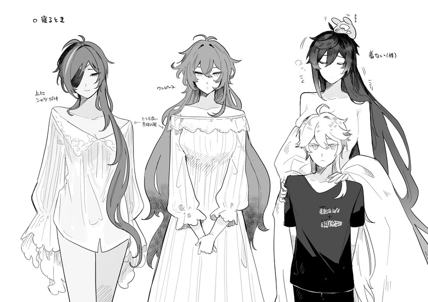aether, zhongli, diluc, kaeya, and seelie (genshin impact) drawn by tabibitowayo