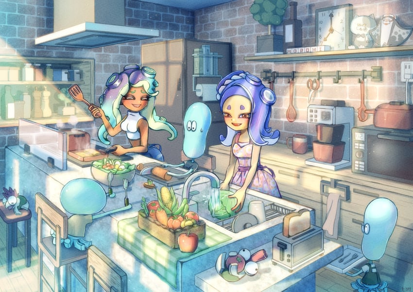 marina, shiver, smallfry, big man, jellyfish, and 1 more (splatoon and 2 more) drawn by moromi_(kscd4482)