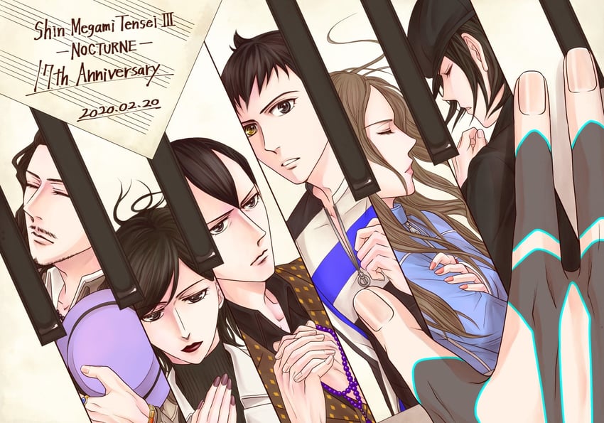 demi-fiend, takao yuko, tachibana chiaki, nitta isamu, hikawa, and 1 more (shin megami tensei and 1 more) drawn by watabashi_yf
