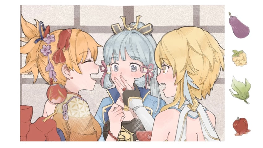lumine, kamisato ayaka, and yoimiya (genshin impact) drawn by syall