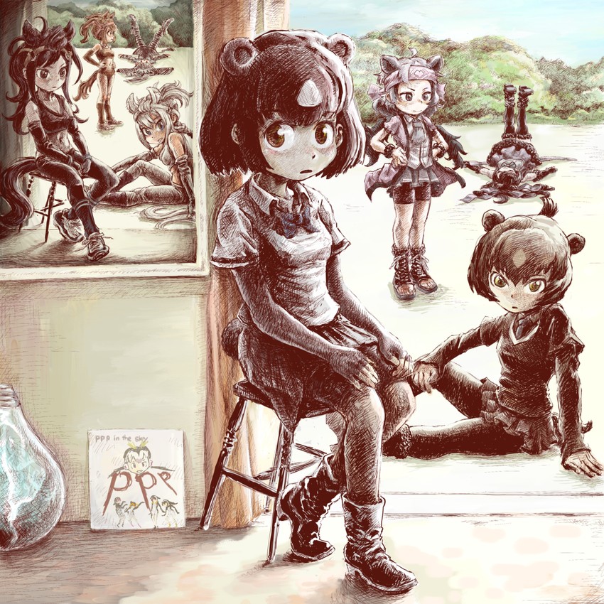 brown bear, bergman's bear, plains zebra, brown thoroughbred, ezo brown bear, and 3 more (kemono friends and 2 more) drawn by bara_bara_(pop_pop)