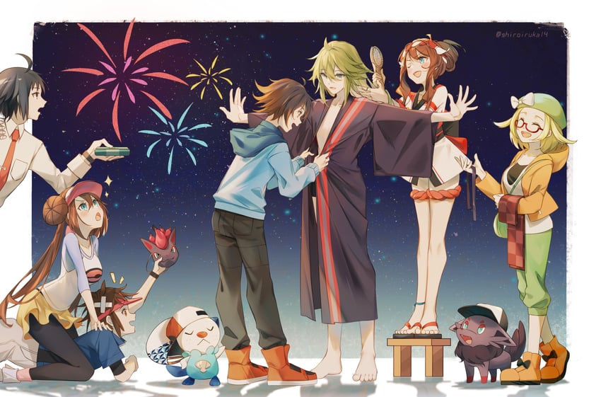 rosa, hilda, hilbert, n, oshawott, and 4 more (pokemon and 3 more) drawn by somnia
