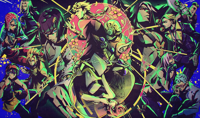 giorno giovanna, bruno bucciarati, guido mista, narancia ghirga, pannacotta fugo, and 10 more (jojo no kimyou na bouken and 1 more) drawn by ankai_(rappelzankai)