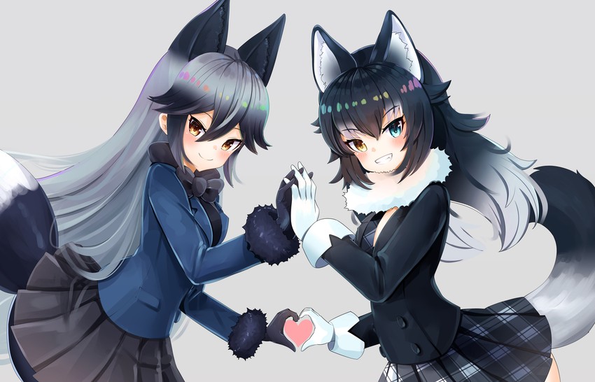 silver fox and grey wolf (kemono friends) drawn by mappuri