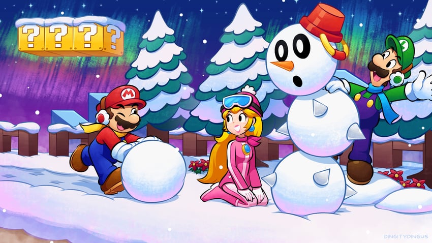 princess peach, mario, luigi, and snow pokey (mario and 1 more) drawn by vinny_(dingitydingus)