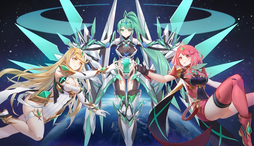 pyra, mythra, and pneuma (xenoblade chronicles and 1 more) drawn by yaxiya