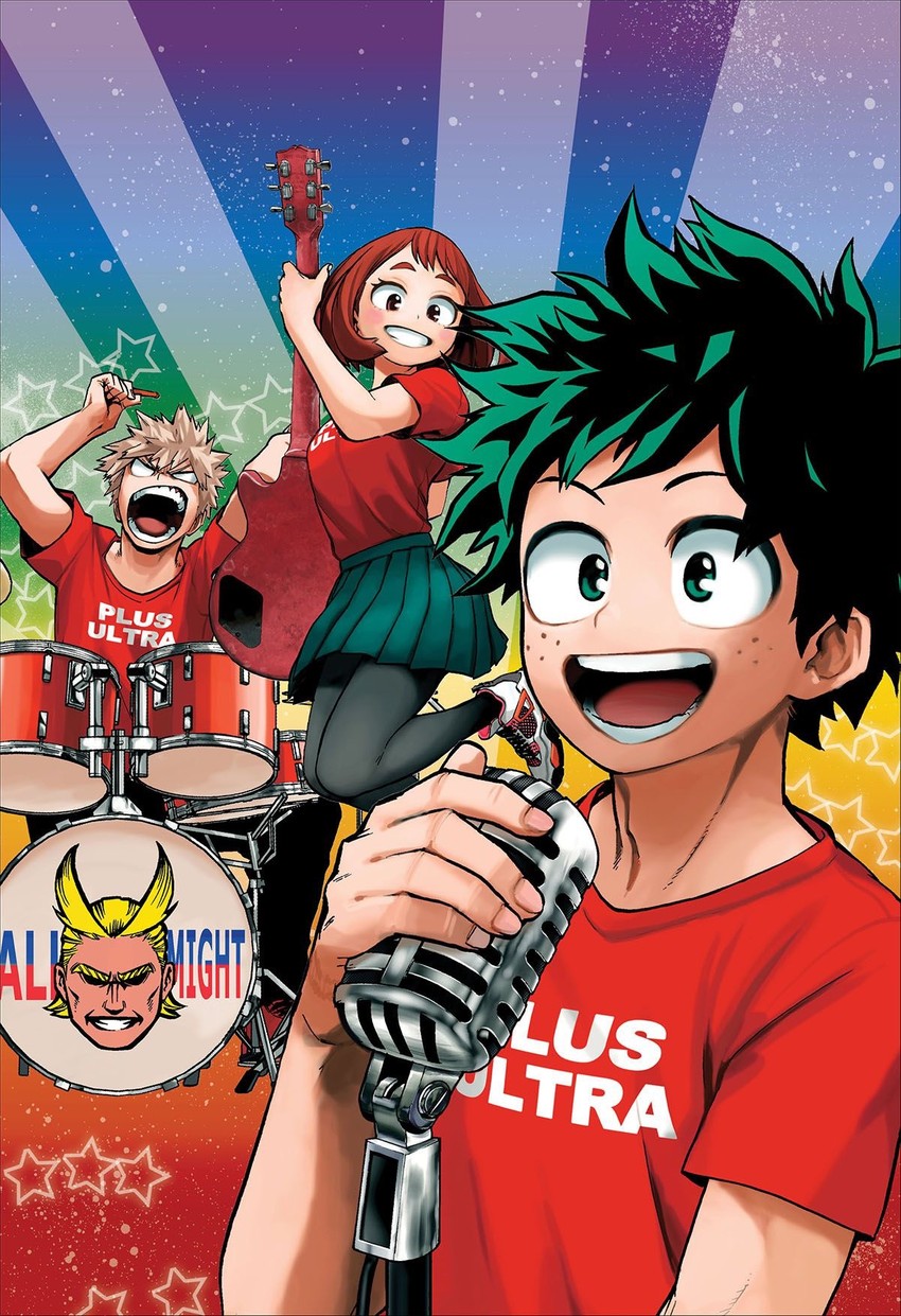 midoriya izuku, bakugou katsuki, uraraka ochaco, and all might (boku no hero academia and 1 more) drawn by horikoshi_kouhei