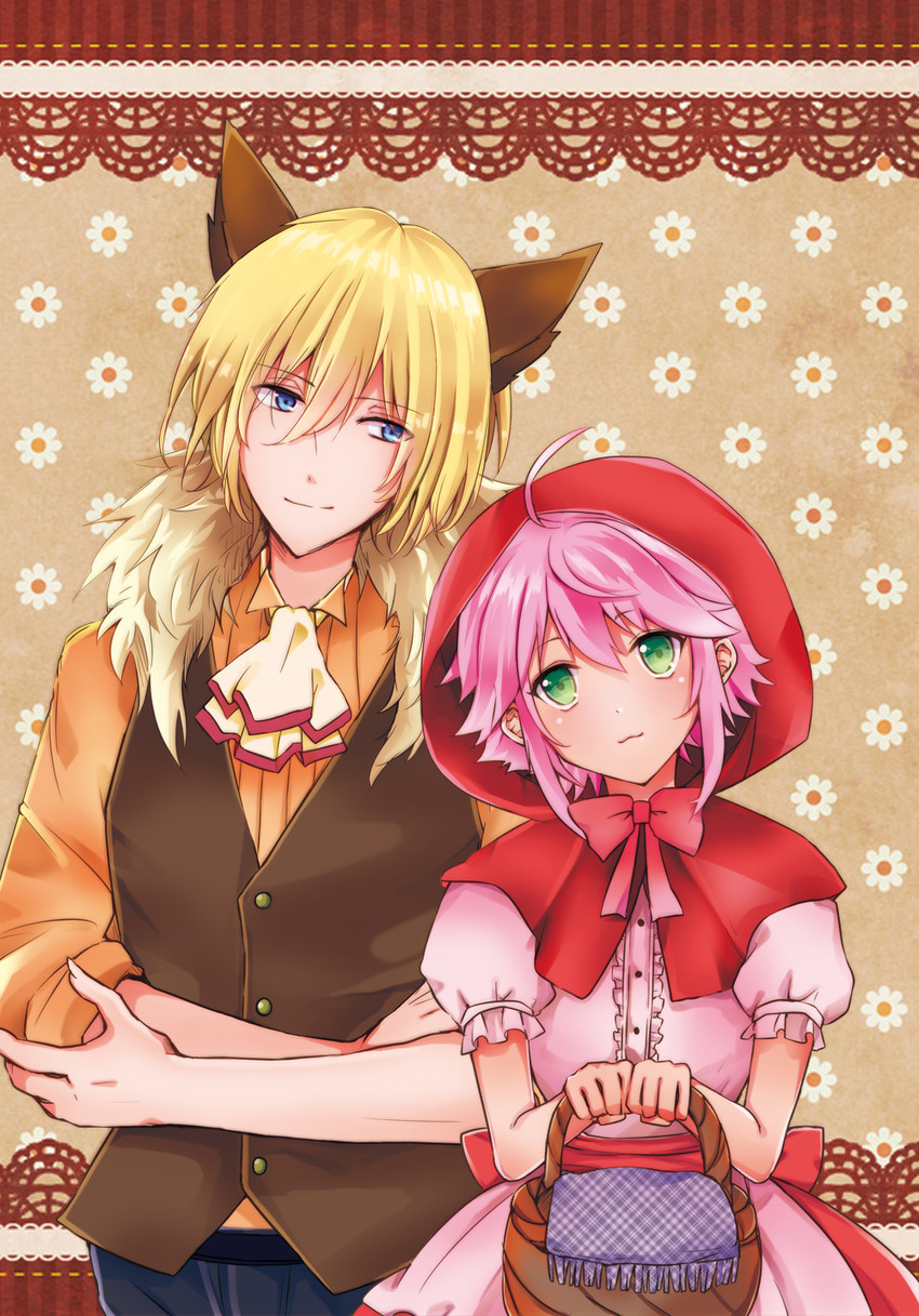 little red riding hood, big bad wolf, himemiya tori, and tenshouin eichi (ensemble stars! and 1 more) drawn by amami_reiko