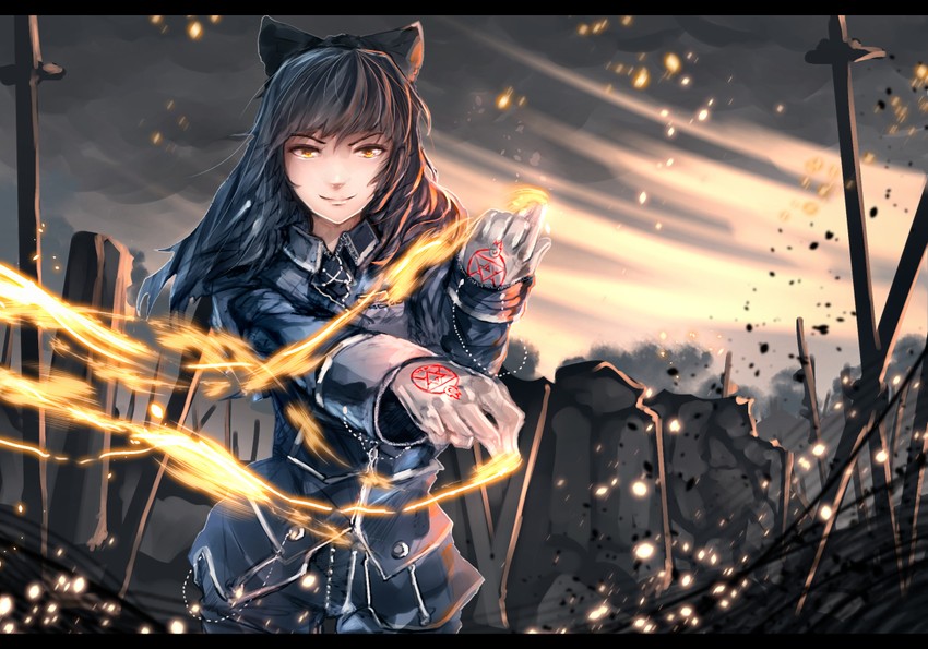 blake belladonna and roy mustang (rwby and 1 more) drawn by advarcher