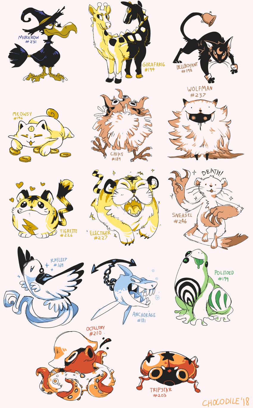 koonya, kotora, girafarig, hinaazu, wolfman, and 9 more (pokemon and 1 more) drawn by chocodiley