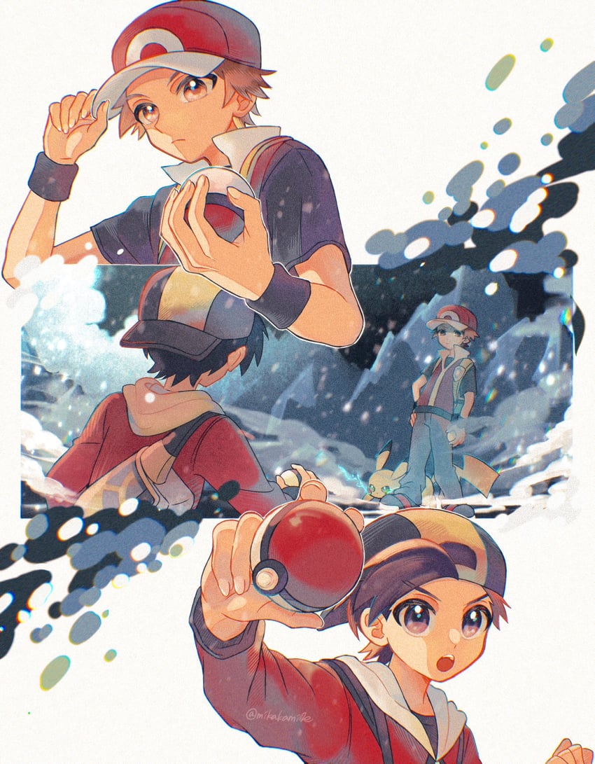 pikachu, red, and ethan (pokemon and 1 more) drawn by mikakami1e