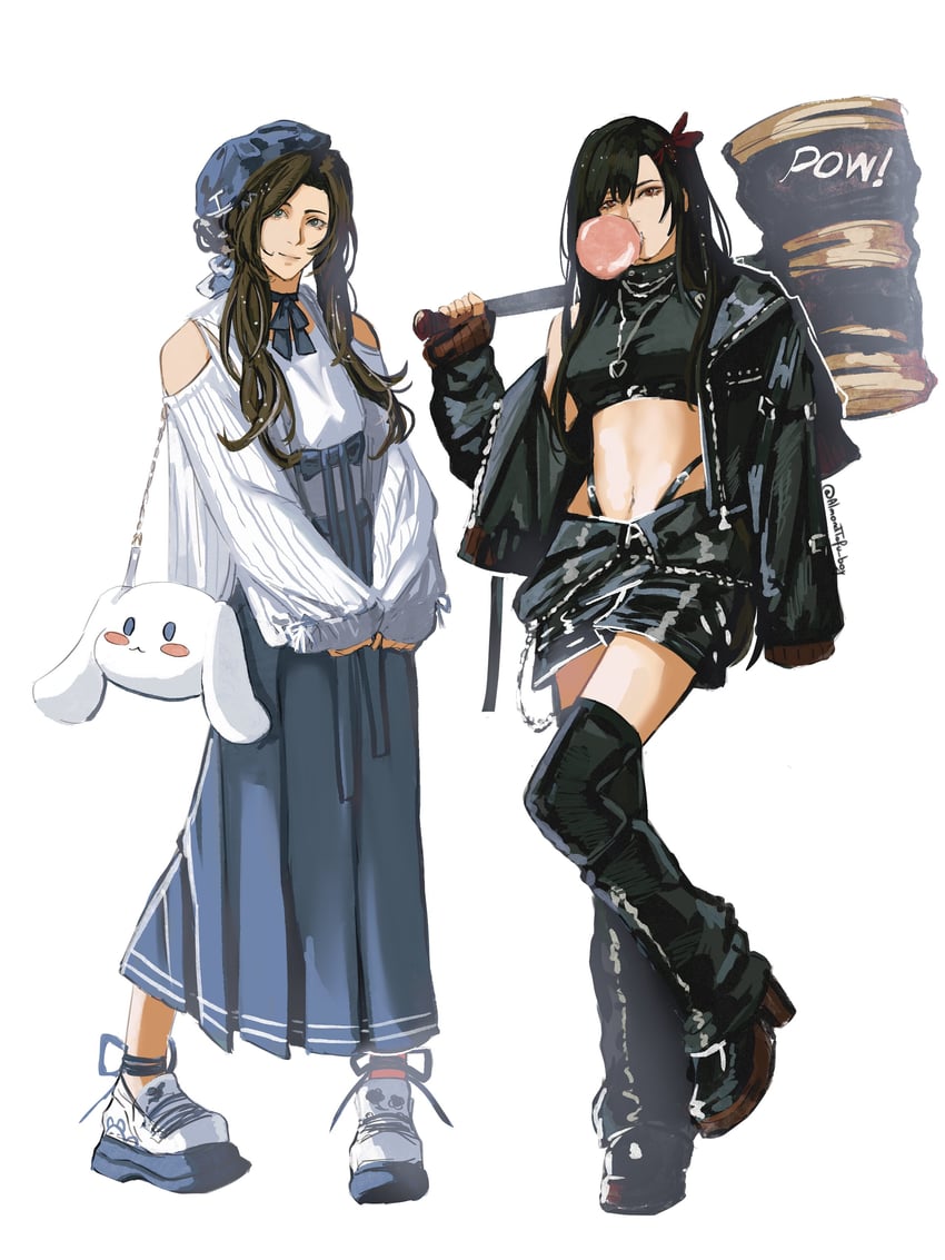 tifa lockhart, aerith gainsborough, and cinnamoroll (final fantasy and 3 more) drawn by almondtofu_boy