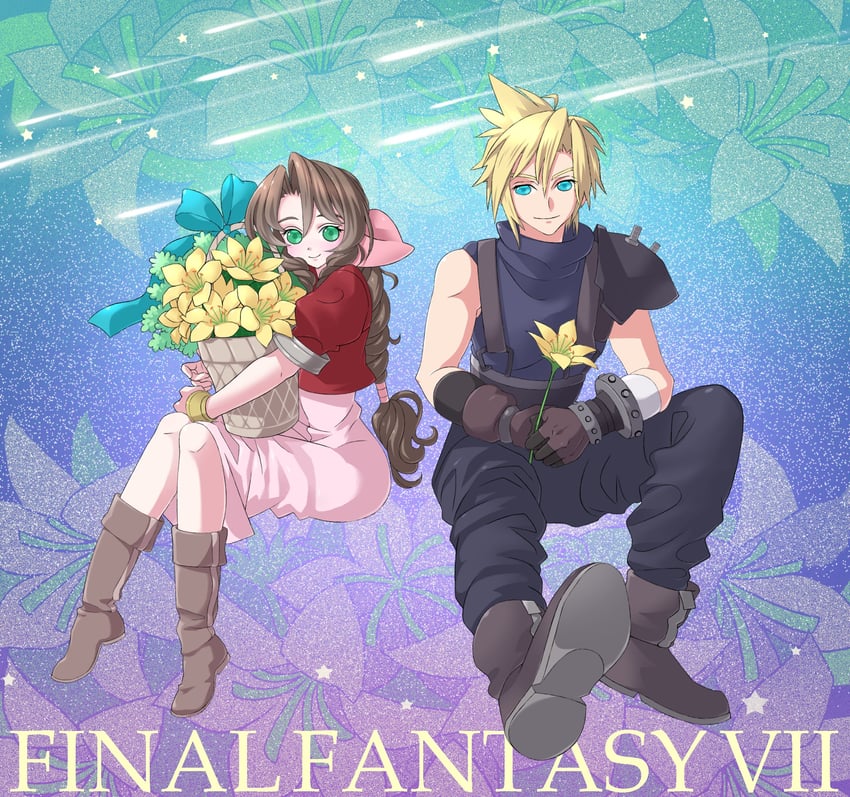 cloud strife and aerith gainsborough (final fantasy and 1 more) drawn by shiko_jumpa