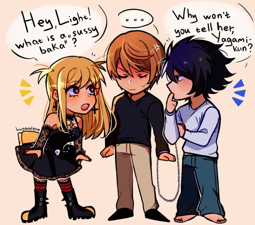 yagami light, l, and amane misa (death note) drawn by huyandere