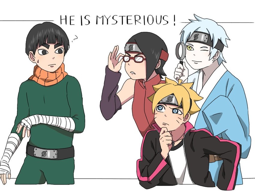 uchiha sarada, uzumaki boruto, mitsuki, and metal lee (naruto and 1 more) drawn by funachou_(a27202773)