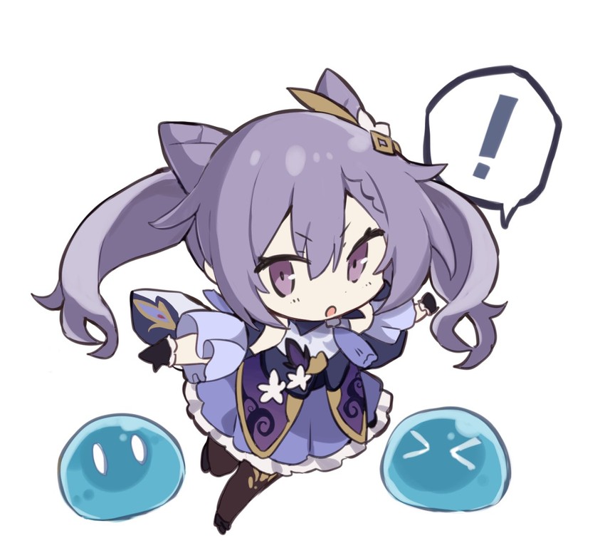 keqing, slime, and hydro slime (genshin impact) drawn by freenote_mr