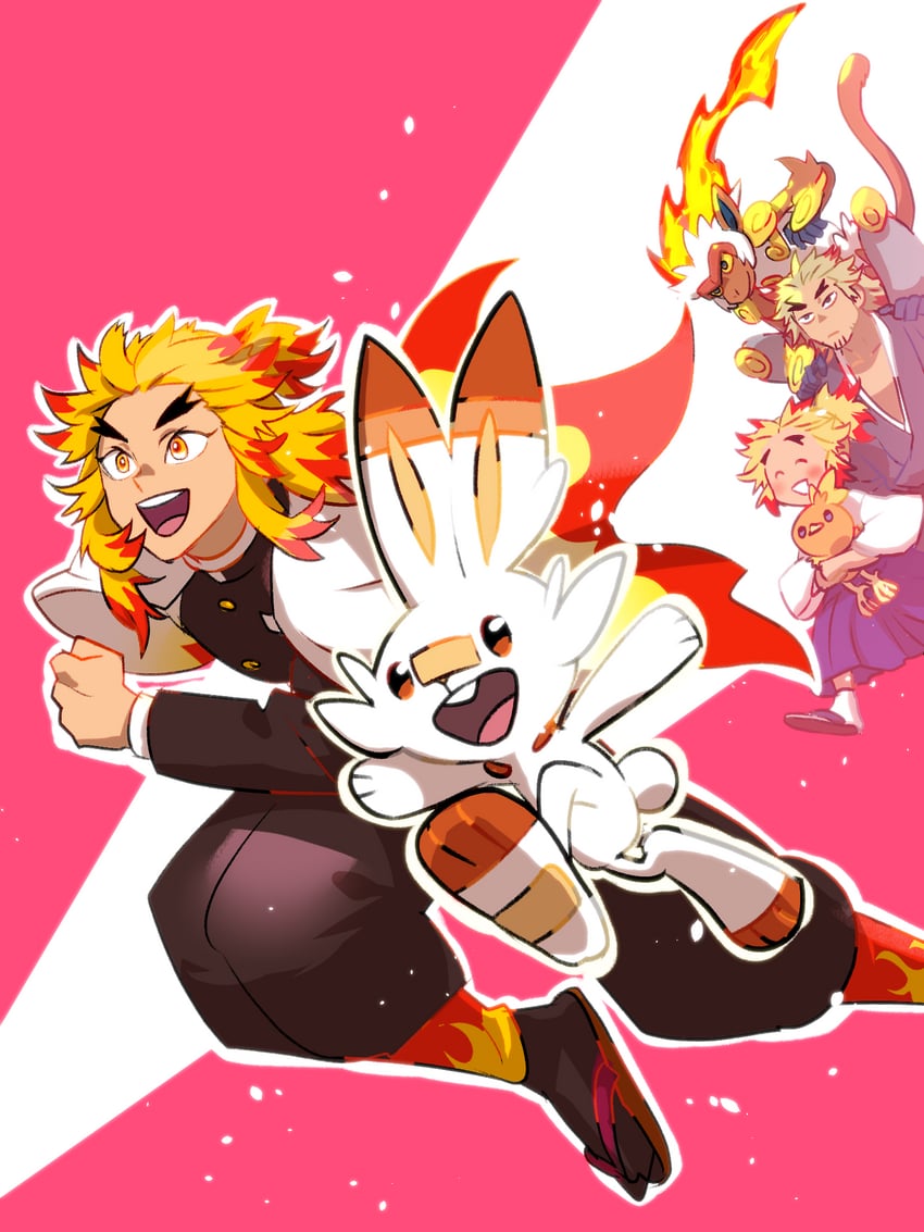 scorbunny, torchic, rengoku kyoujurou, infernape, rengoku senjurou, and 1 more (pokemon and 1 more) drawn by aitanso