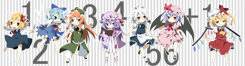remilia scarlet, flandre scarlet, izayoi sakuya, cirno, patchouli knowledge, and 2 more (touhou and 1 more) drawn by kako11