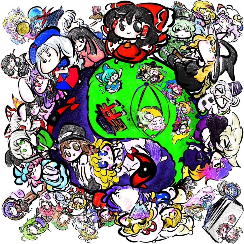 hakurei reimu, izayoi sakuya, kochiya sanae, cirno, patchouli knowledge, and 11 more (touhou) drawn by mogura-san_(dra1dra3dra2)