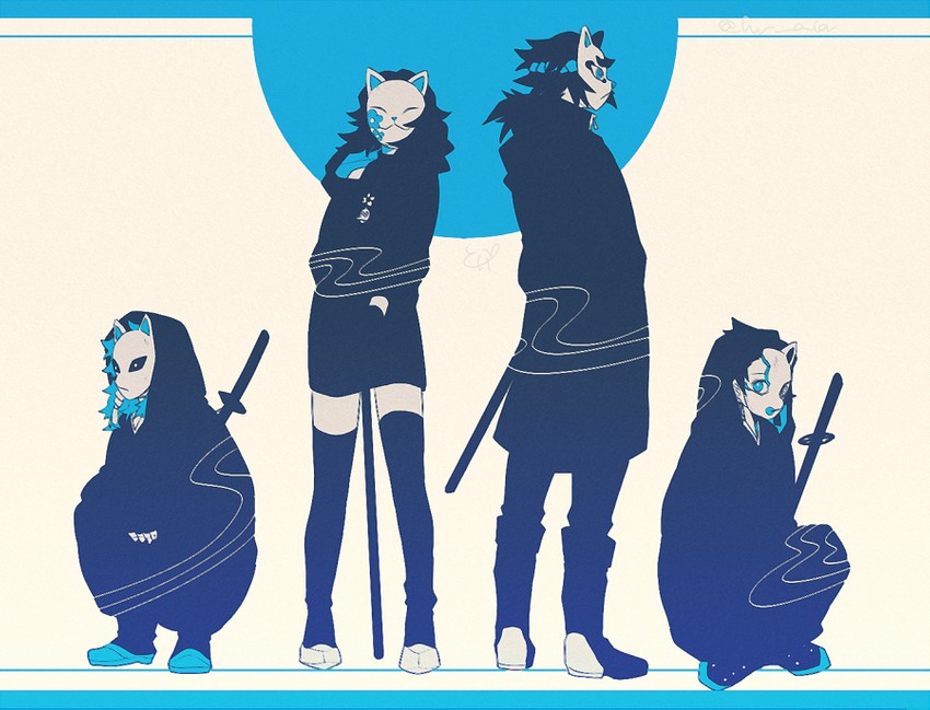 kamado tanjirou, tomioka giyuu, sabito, and makomo (kimetsu no yaiba) drawn by miha_riko