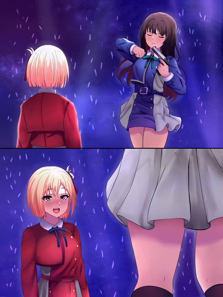 nishikigi chisato and inoue takina (lycoris recoil and 1 more) drawn by relpama