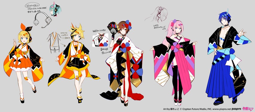 hatsune miku, kagamine rin, kagamine len, megurine luka, kaito, and 7 more (vocaloid and 1 more) drawn by fuzichoco