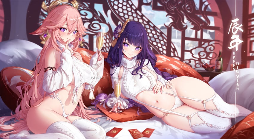 raiden shogun and yae miko (genshin impact) drawn by mitsu_(mitsu_art)