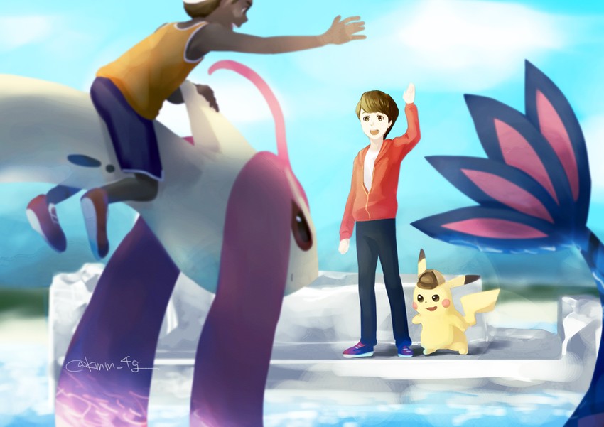 pikachu, milotic, detective pikachu, tim goodman, and milo green (pokemon and 1 more) drawn by kimimi_(kmm)