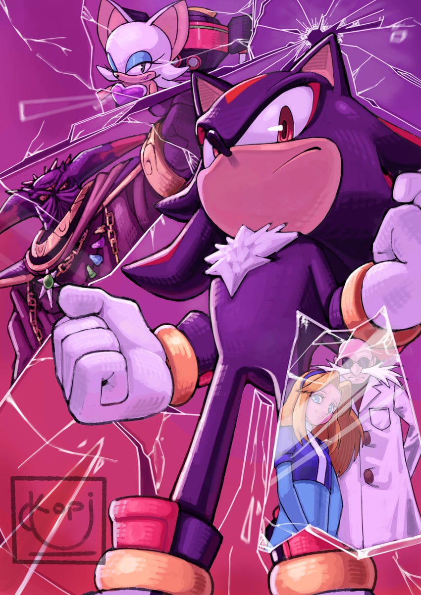 shadow the hedgehog, rouge the bat, maria robotnik, e-123 omega, gerald robotnik, and 1 more (sonic and 2 more) drawn by kopikup