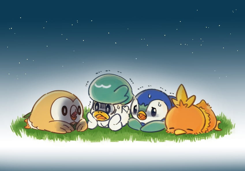 rowlet, piplup, torchic, and quaxly (pokemon) drawn by opipi_omame