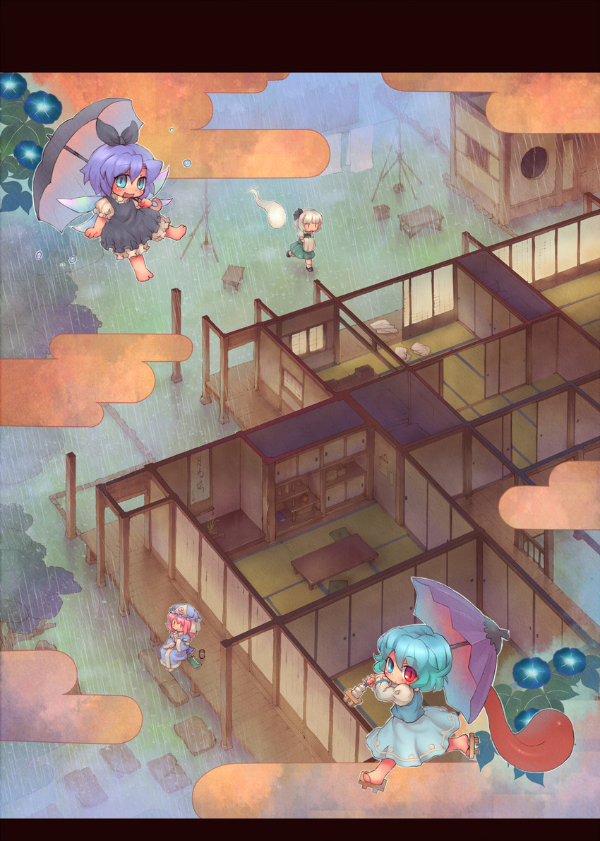 konpaku youmu, saigyouji yuyuko, tatara kogasa, and rain fairy (touhou) drawn by sankuma